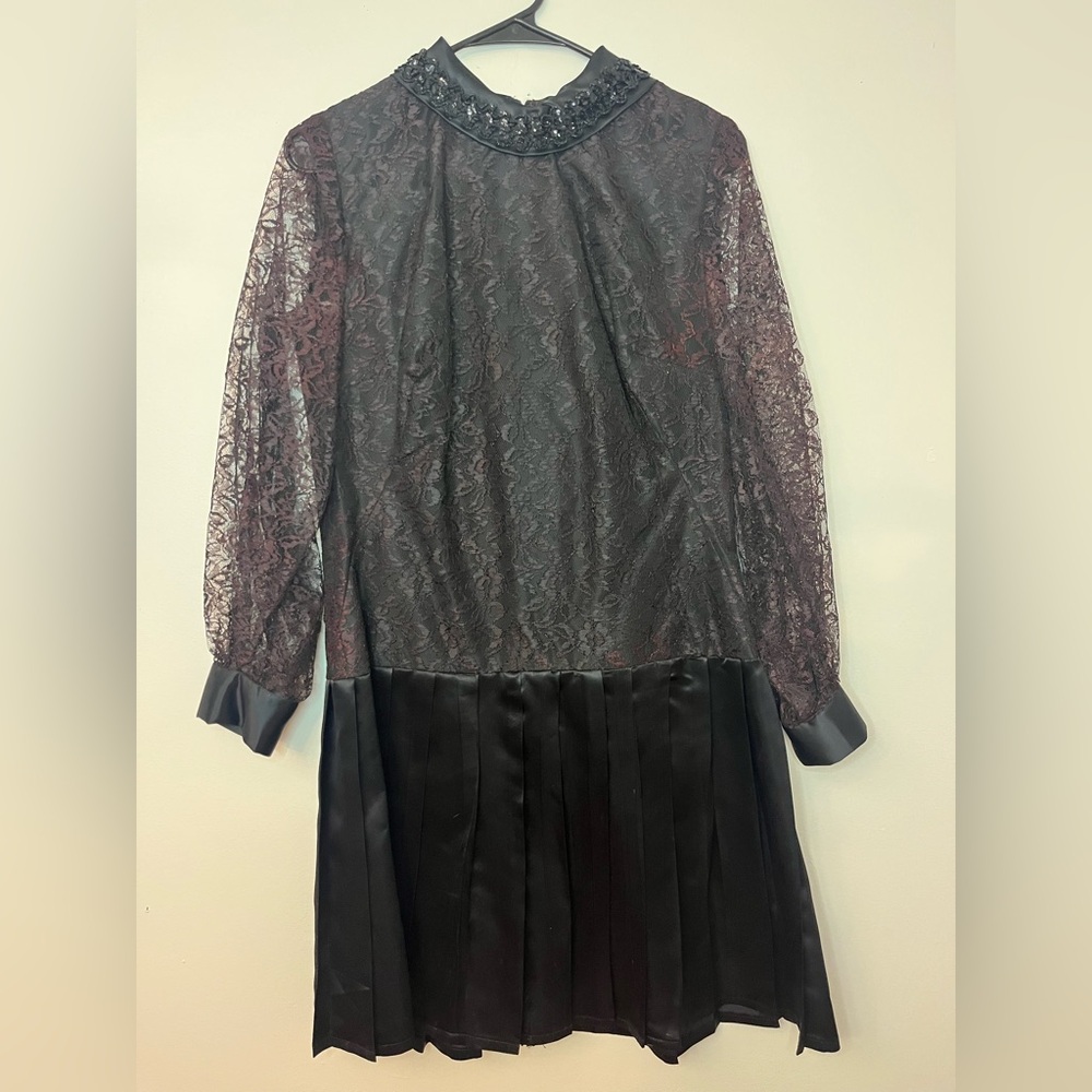 Vintage Black Lace Dress Beaded Collar Satin Pleated Skirt XS
